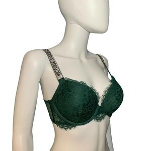 Victoria's Secret Very Sexy Push Up Bra Forest Green Bling Logo Straps